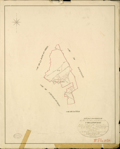 Saint-Meslin-du-Bosc. Tableau d'assemblage _ du Plan Parcellaire de la Commune de St Melain-du-Bosc _ Canton d'Amfreville - Louviers - Eure. _ Terminé sur le Terrain en 1828 , sous l'administration de M. Le Vicomte Raymond Delaître , Préfet _ M. Desportes, Maire _ sous la Direction de M.Hurtrelle, Directeur des Contributions directes _ M. Hautier, Géomètre en Chef. _ Par M. Charpentier, Géomètre de 1re classe.
