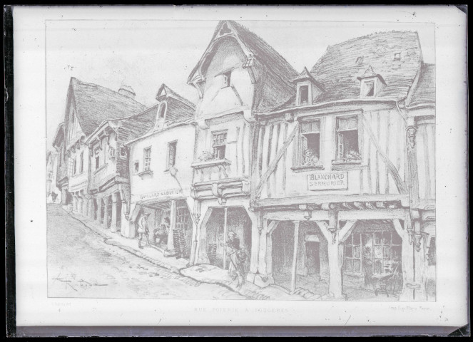 Dessin à la mine représentant les commerces à pans de bois de Fougères (Ille-et-Vilaine).