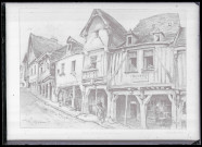 Dessin à la mine représentant les commerces à pans de bois de Fougères (Ille-et-Vilaine).