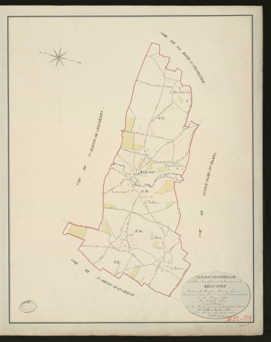 Mélicourt. Tableau d'assemblage du Plan Parcellaire de la Commune de Mélicourt _ Canton de Broglie - Bernay - Eure. _ Terminé sur le terrain le 8 septembre 1831 sous l'administration _ de Mr Passy, Préfet _ Mr Puchet, Maire _ et sous la direction _ de Mr Marel, directeur des Contributuions directes _ Mr Lefébure, géomètre en chef. _ Par Mr Canu, Géomètre de 1ère classe _ Echelle de 1 à 10,000