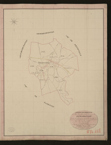 Bourg-Beaudoin. Tableau d'assemblage du Plan Parcellaire de la Commune de Bourg-Beaudoin. _ Canton de Fleury-sur-Andelle - Andelys - Eure. _ Terminé sur le terrain le 22 octobre 1835, sous l'administration de M. A. Passy, Préfet - M. enne, Maire et sous la direction de M. Marel, Directeur des Contributions directes. _ M. Le Fébure, Géomètre en Chef. _ Par M. Drouet, Géomètre de 1re classe