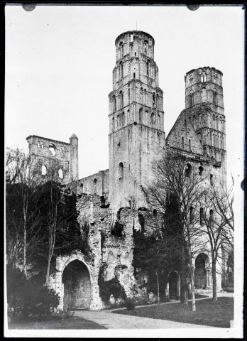 Tour et pignons des ruines et vestiges de l'abbaye de Jumièges (Seine-Maritime).