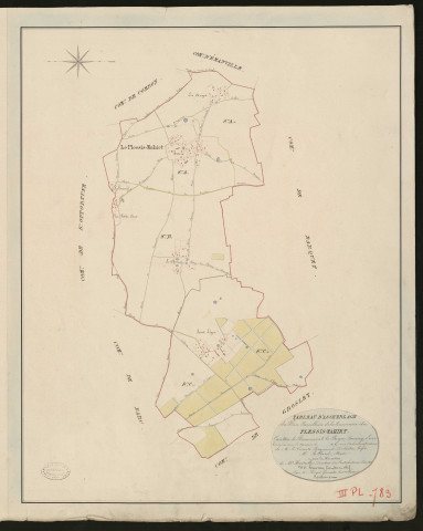 Plessis-Mahiet (Le). Tableau d'assemblage du Plan Parcellaire de la Commune de Plessis-Mahiet _ Canton de Beaumont-le-Roger - Bernay - Eure. _ Terminé sur le terrain le 1826, sous l'administration de M. Le Vicomte Raymond Delaitre, Préfet - M. Billard, Maire et sous la direction de M. Hurtelle, Directeur des Contributions directes. _ M. Hautier, Géomètre en Chef. _ Par M. Roger, Géomètre de 1re classe