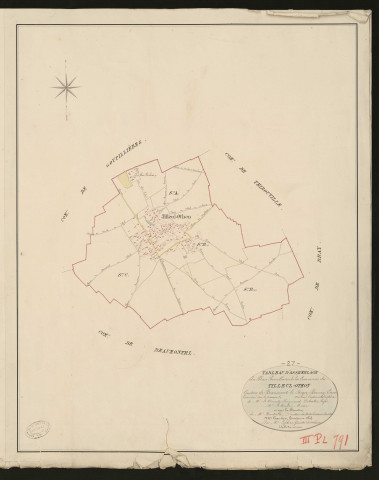 Tilleul-Othon (Le). Tableau d'assemblage du Plan Parcellaire de la Commune du Tilleul-Othon _ Canton de Beaumont-le-Roger - Bernay - Eure. _ Terminé sur le terrain le 1826, sous l'administration de M. Le Vicomte Raymond Delaitre, Préfet - M. Le Comte, Maire et sous la direction de M. Hurtelle, Directeur des Contributions directes. _ M. Hautier, Géomètre en Chef. _ Par M. Lefebvre, Géomètre de 1re classe