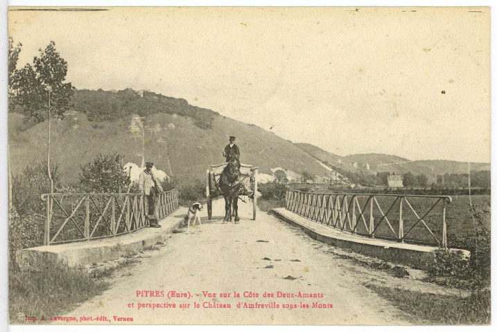 Pîtres. Vue sur la Côte des Deux-Amants et perspective sur le Château d'Amfreville sous-les-Monts.