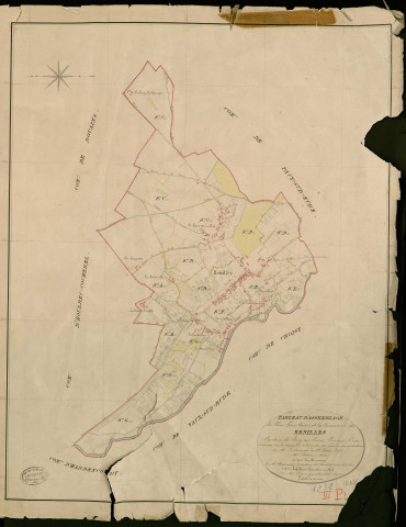Ménilles. Tableau d'assemblage _ du Plan Parcellaire de la Commune de Menilles _ Canton de Pacy sur Eure - Evreux - Eure. _ Terminé sur le Terrain le 20 Novembre 1852, sous l'administration de M. Le Marquis de Ste Croix, Préfet _ M. Pichou, Maire _ et sous la Direction de M. Chauveau, Directeur des Contributions directes _ M. Lefébure, Géomètre en Chef. _ Par M. Pizier, Géomètre de 1re classe.