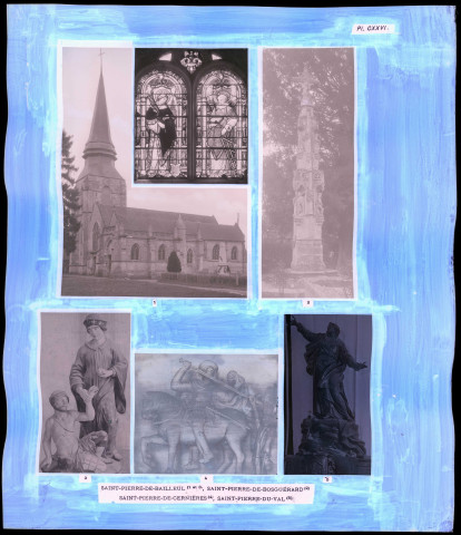 "Églises rurales du département de l'Eure" du chanoine Bonnenfant tome II, planche CXXVI Saint-Pierre-de-Bailleul (Eure), Saint-Pierre-de-Bosguérard (Eure), Saint-Pierre-de-Cernières (Eure) et Saint-Pierre-du-Val (Eure).