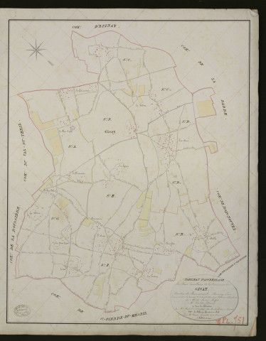 Gisay-la-Coudre. Tableau d'assemblage _ du Plan Parcellaire de la Commune de Gisay. _ Canton de Beaumesnil - Bernay - Eure. _ Terminé sur le terrain le 4 avril 1833 sous l'administration de M. A. Passy, Préfet _ M. Perette, maire _ en sous la Direction de M. Marel, Directeur des Contributions directes. _ M. Le Fébure, Géomètre Chef. _ Par M. Canu, Géomètre de 1re classe.