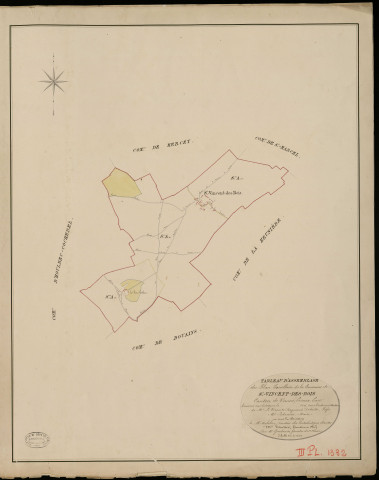 Saint-Vincent-des-Bois. Tableau d'assemblage _ du Plan Parcellaire de la Commune de St Vincent des Bois _ Canton de Vernon - Evreux - Eure. _ Terminé sur le Terrain en 1825, sous l'administration de M. Le Vicomte Raymond Delaitre, Préfet _ M. Ledanois, Maire _ et sous la Direction de M. Aubelin, Directeur des Contributions directes _ M. Hautier, Géomètre en Chef. _ Par M. Gondouin, Géomètre de 1re classe.