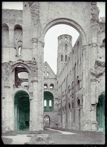 Tour et pignons des ruines et vestiges de l'abbaye de Jumièges (Seine-Maritime).