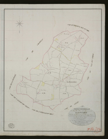 Roussière (La). Tableau d'assemblage _ du Plan Parcellaire de la Commune de La Roussière. _ Canton de Beaumesnil - Bernay - Eure. _ Terminé sur le terrain le 20 mars 1833 sous l'administration de M. A. Passy, Préfet _ M.Bordeaux maire _ en sous la Direction de M. Marel, Directeur des Contributions directes. _ M. Le Fébure, Géomètre Chef. _ Par M. Coffin, Géomètre de 1re classe.