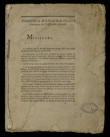 Procès-verbal imprimé, avec discours du bailli, pouvoirs et cahier en deux exemplaires dont un incomplet.