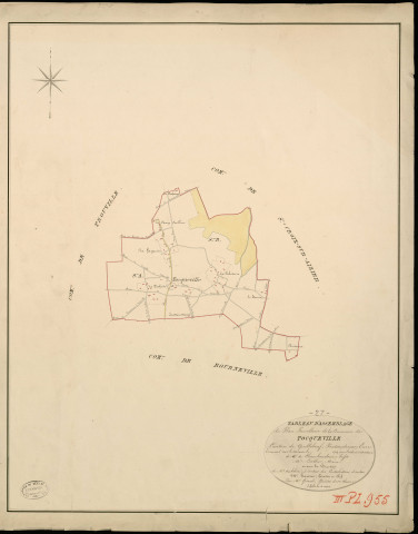 Tocqueville. Tableau d'assemblage _ du Plan Parcellaire de la Commune de Tocqueville _ Canton de Quillebeuf - Pontaudemer - Eure. _ Terminé sur le Terrain en 1824, sous l'administration de M. de Chambaudoin, Préfet _ M. Letellier, Maire _ sous la Direction de M.Aubelin, Directeur des Contributions directes _ M. Hautier, Géomètre en Chef. _ Par M. Gérard, Géomètre de 1re classe.