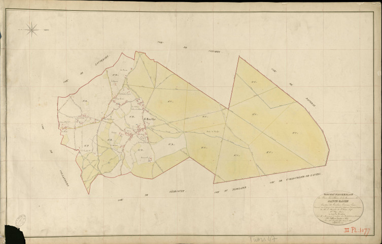 Sainte-Marthe. Tableau d'assemblage _ du Plan Parcellaire de la Commune de Sainte-Marthe _ Canton de Conches - Evreux - Eure. _ Terminé sur le Terrain le 26 Septembre 1854 , sous l'administration de M. Le Marquis de Ste Croix, Préfet _ M. Nez, Maire _ sous la Direction de M. Masson, Directeur des Contributions directes _ M. Lefébure, Géomètre en Chef. _ Par M. Lenglet, Géomètre de 1re classe.