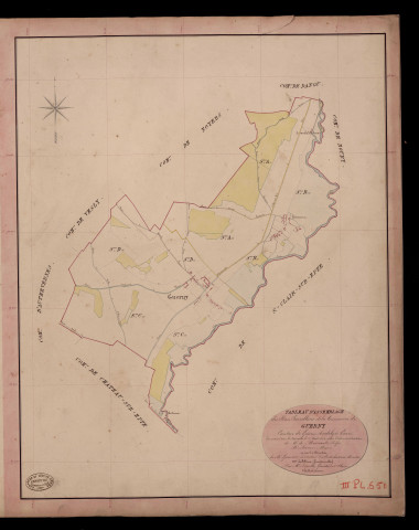 Guerny. Tableau d'assemblage du Plan Parcellaire de la Commune de Guerny. _ Canton de Gisors - Andelys - Eure. _ Terminé sur le terrain le 27 août 1840, sous l'administration de M. de Monicault, Préfet - M. Diévé, Maire et sous la direction de M. Garnier, Directeur des Contributions directes. _ M. Le Fébure, Géomètre en Chef. _ Par M. Depoilly, Géomètre de 1re classe
