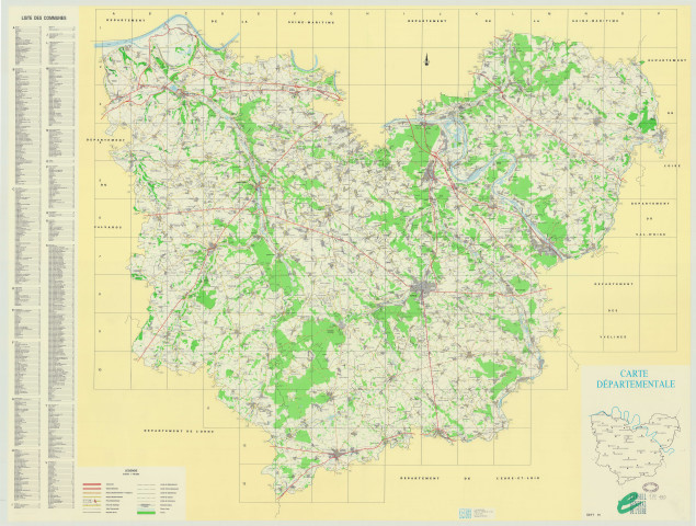 Carte départementale avec liste des communes, nomenclature des chemins, routes