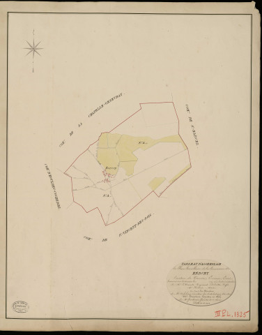 Mercey. Tableau d'assemblage _ du Plan Parcellaire de la Commune de Mercey _ Canton de Vernon - Evreux - Eure. _ Terminé sur le Terrain en 1825, sous l'administration de M. Le Vicomte Raymond Delaitre, Préfet _ M. Hébert, Maire _ et sous la Direction de M. Aubelin, Directeur des Contributions directes _ M. Hautier, Géomètre en Chef. _ Par M. Gondouin, Géomètre de 1re classe.
