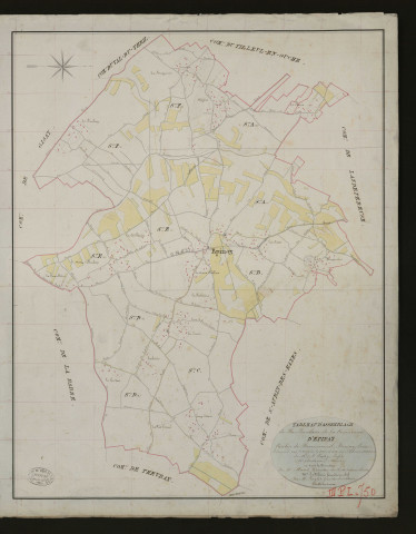 Epinay. Tableau d'assemblage _ du Plan Parcellaire de la Commune d'Epinay. _ Canton de Beaumesnil - Bernay - Eure. _ Terminé sur le terrain le 20 mars 1833 sous l'administration de M. A. Passy, Préfet _ M. Andrieu, maire _ en sous la Direction de M. Marel, Directeur des Contributions directes. _ M. Le Fébure, Géomètre Chef. _ Par M. Longlet, Géomètre de 1re classe.