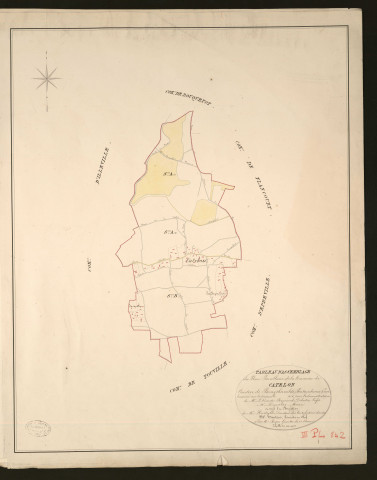 Catelon. Tableau d'assemblage _ du Plan Parcellaire de la Commune de Catelon _ Canton de Bourgtheroulde - Pontaudemer - Eure. _ Terminé sur le terrain en 1828, sous l'administration de M.le Vicomte Raymond Delaitre, Préfet _ M. deDuperray, maire _ en sous la Direction de M. Hurtrelle, Directeur des Contributions directes. _ M. Hautier, Géomètre en Chef. _ Par M. Roger, Géomètre de 1re classe.