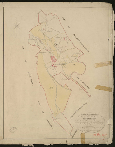Bec-Hellouin (Le). Tableau d'assemblage du Plan Parcellaire de la Commune du Bec-Hellouin. _ Canton de Brionne - Bernay - Eure. _ Terminé sur le terrain en 1827, sous l'administration de M. Le Vicomte Raymond Delaitre, Préfet - M. Montier, Maire et sous la direction de M. Hurtelle, Directeur des Contributions directes. _ M. Hautier, Géomètre en Chef. _ Par M. Girard, Géomètre de 1re classe