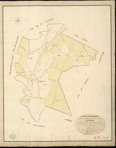Mouettes. Tableau d'assemblage _ du Plan Parcellaire de la Commune de Mouettes _ Canton de Saint André - Evreux - Eure. _ Terminé sur le Terrain le 29 Novembre 1837, sous l'administration de M. Passy, Préfet _ M. Lefebure, Maire _ et sous la Direction de M. Marel, Directeur des Contributions directes _ M. Le Fébure, Géomètre en Chef. _ Par M. Le Grain, Géomètre de 1re classe.