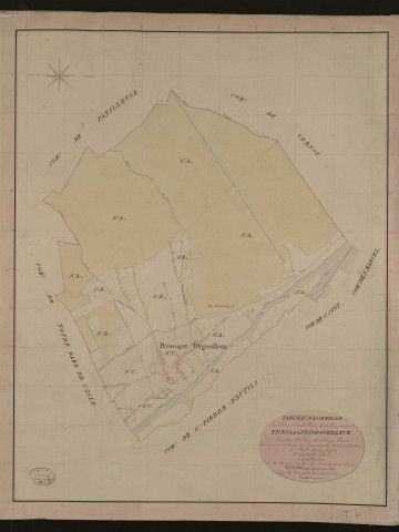 Pressagny-l'Orgueilleux. Tableau d'assemblage du Plan Parcellaire de la Commune de Pressagny-l'Orgueilleux. _ Canton d'Ecos - Andelys - Eure. _ Terminé sur le terrain le 11 juin 1837, sous l'administration de M. A Passy, Préfet - M. Eustache, Maire et sous la direction de M. Marel, Directeur des Contributions directes. _ M. Le Fébure, Géomètre en Chef. _ Par M. Renault, Géomètre de 1re classe