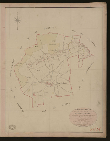 Fleury-la-Forêt. Tableau d'assemblage du Plan Parcellaire de la Commune de Fleury-la-Forêt _ Canton de Lyons-la-Forêt - Andelys - Eure. _ Terminé sur le terrain le 22 septembre 1847, sous l'administration de M. Petit de Bantel, Préfet - M. Clément, Maire et sous la direction de M. Violas, Directeur des Contributions directes. _ M. Le Fébure, Géomètre en Chef. _ Par M. Gérard, Géomètre de 1re classe