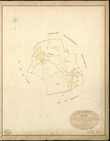 Thomer. Tableau d'assemblage _ du Plan Parcellaire de la Commune de Thomer _ Canton de Damville - Evreux - Eure. _ Terminé sur le Terrain le 15 Juin 1839 , sous l'administration de M. de Monicault, Préfet _ M. Masson, Maire _ sous la Direction de M. Garnier, Directeur des Contributions directes _ M. Le Fébure, Géomètre en Chef. _ Par M. Canu, Géomètre de 1re classe.