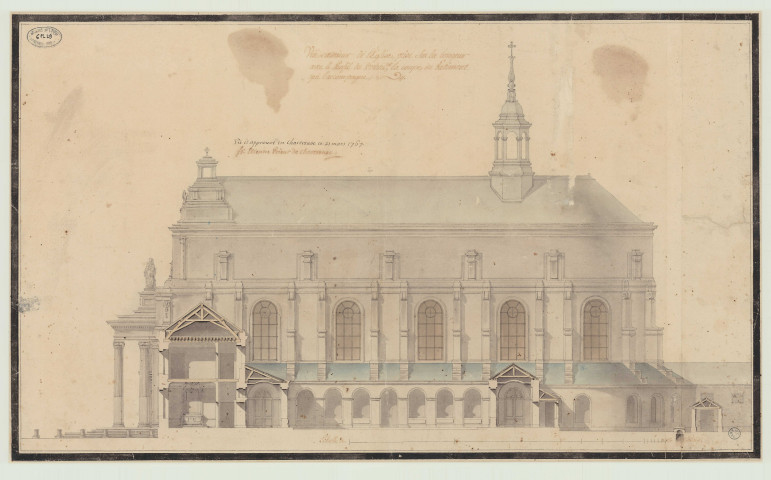 Aubevoye _Chartreuse de Bourbon-lès-Gaillon. _ "Vue extérieure de l'église prise sur la longueur avec le profil du portail et la coupe du bâtiment qui l'accompagne".