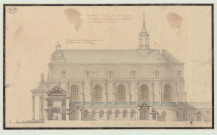 Aubevoye _Chartreuse de Bourbon-lès-Gaillon. _ "Vue extérieure de l'église prise sur la longueur avec le profil du portail et la coupe du bâtiment qui l'accompagne".