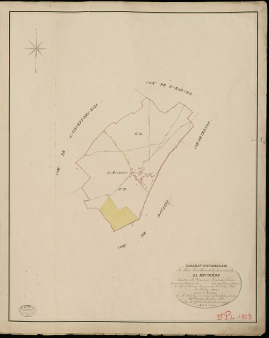 Heunière. Tableau d'assemblage _ du Plan Parcellaire de la Commune de la Heunière _ Canton de Vernon - Evreux - Eure. _ Terminé sur le Terrain en 1825, sous l'administration de M. Le Vicomte Raymond Delaitre, Préfet _ M. Duclos, Maire _ et sous la Direction de M. Aubelin, Directeur des Contributions directes _ M. Hautier, Géomètre en Chef. _ Par M. Gondouin, Géomètre de 1re classe.