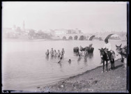 Enfants et buffles au bain près du pont de Justinien sur le Seyhan à Adana (Turquie).