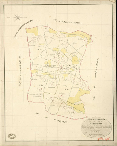 Saint-Christophe-sur-Condé. Tableau d'assemblage _ du Plan Parcellaire de la Commune de St Christophe _ Canton de St Georges-du-Vièvre - Pontaudemer - Eure. _ Terminé sur le Terrain le 4 Aout 1838 , sous l'administration de M. de Monicault, Préfet _ M. Homo, Maire _ sous la Direction de M.Garnier, Directeur des Contributions directes _ M. Le Fébure, Géomètre en Chef. _ Par M. Legrain, Géomètre de 1re classe.