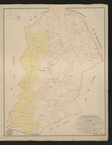 Plasnes. Tableau d'assemblage _ du Plan Parcellaire de la Commune de Plasnes. _ Canton de Bernay - Bernay - Eure. _ Terminé sur le terrain le 24 juin 1830 sous l'administration de M.A Passy Préfet _ M.Peauger, maire _ en sous la Direction de M. Hurtrelle, Directeur des Contributions directes. _ M. Hautier, Géomètre en Chef. _ Par M.Caffin, Géomètre de 1re classe.