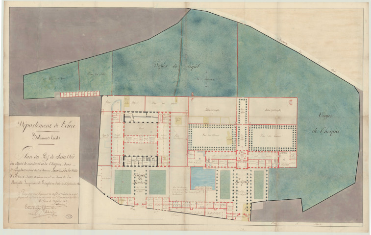 Evreux _Hospice rue Saint-Louis. Projet 2 _ "Plan du rez-de-chaussée du dépôt de mendicité et de l'hospice dans l'emplacement des ci-devant Jacobins de la ville d'Evreux dressé conformément au décret de sa majesté impériale et royale en date du 5 septembre 1810" .