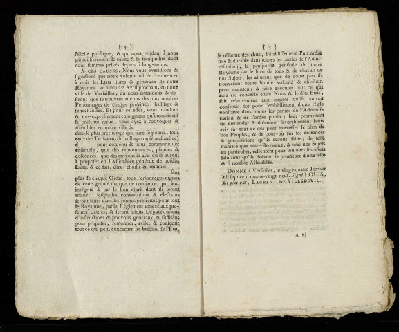 Lettre du roi imprimée pour la convocation des Etats-Généraux à Versailles, le 27 avril 1789, avec règlement annexé.