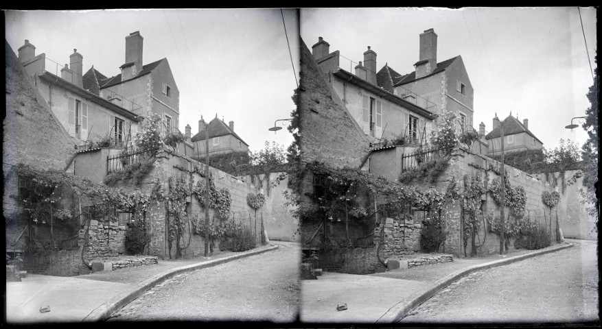 Maisons de village en pierre avec treilles sur les murs de Vézelay (Yonne).