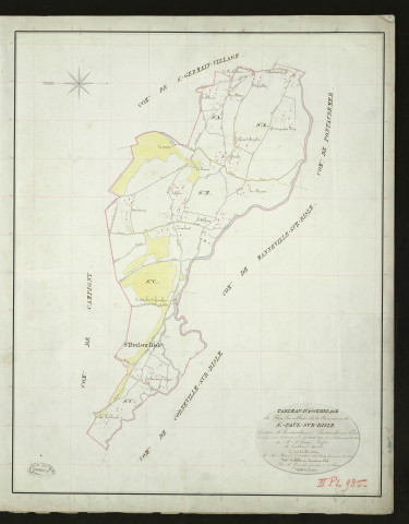 Saint-Paul-sur-Risle. Tableau d'assemblage _ du Plan Parcellaire de la Commune de Saint Paul-sur-Risle _ Canton de Pontaudemer - Pontaudemer - Eure. _ Terminé sur le Terrain le 25 aout 1832, sous l'administration de M. A Passy, Préfet _ M. Tallon, Maire _ sous la Direction de M.Marel, Directeur des Contributions directes _ M. Le Fébure, Géomètre en Chef. _ Par M. Girard, Géomètre de 1re classe.