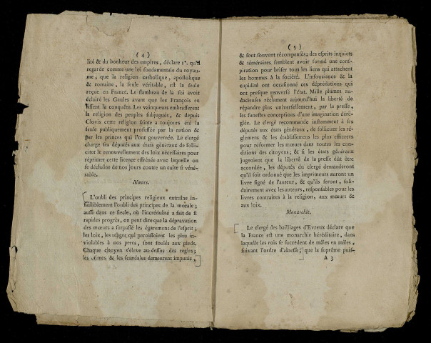 Cahier imprimé : Cahier des instructions, doléances et pouvoirs du clergé des bailliages principal et secondaires d'Evreux.