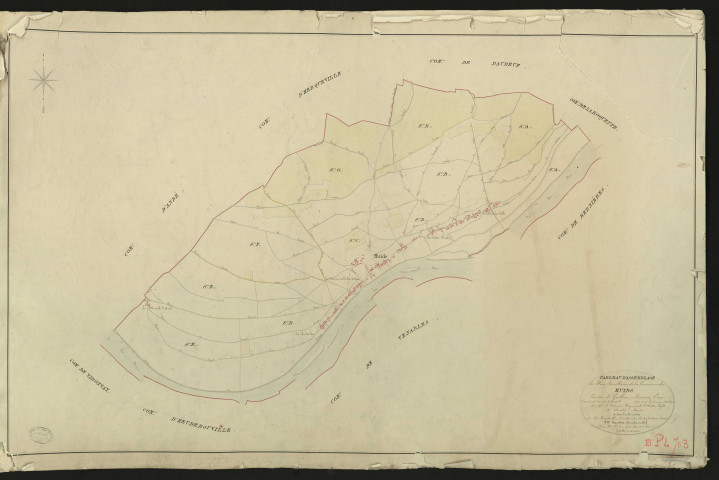Muids. Tableau d'assemblage du Plan Parcellaire de la Commune de Muids _ Canton de Gaillon - Louviers - Eure. _ Terminé sur le terrain en 1829, sous l'administration de M. Le Vicomte Raymond Delaitre, Préfet - M. Amette, Maire et sous la direction de M. Hurtrelle, Directeur des Contributions directes. _ M. Hautier, Géomètre en Chef. _ Par M. Folin, Géomètre de 1re classe