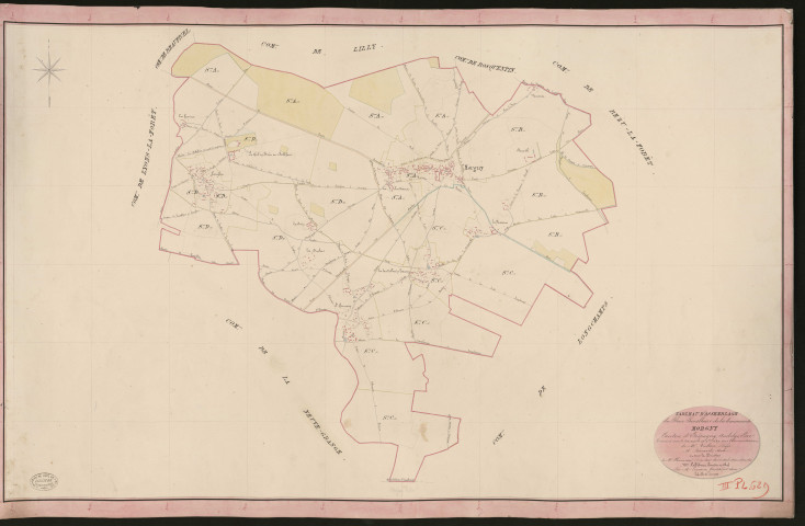 Morgny. Tableau d'assemblage du Plan Parcellaire de la Commune de Morgny. _ Canton d'Etrépagny - Andelys - Eure. _ Terminé sur le terrain le 25 septembre 1849, sous l'administration de M. Vallon, Préfet - M. Bénard, Maire et sous la direction de M. Chauveau, Directeur des Contributions directes. _ M. Le Fébure, Géomètre en Chef. _ Par M. Legrain, Géomètre de 1re classe