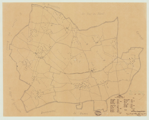 Gisay-La-Coudre _ Tableau d'assemblage du plan cadastral, avec tableau de la population pour chaque hameau.