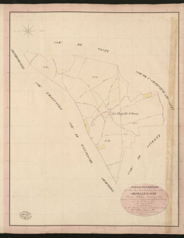 Chapelle-Saint-Ouen (La). Tableau d'assemblage du Plan Parcellaire de la Commune de Chapelle-Saint-Ouen. _ Canton d'Ecos - Andelys - Eure. _ Terminé sur le terrain le 28 septembre 1836, sous l'administration de M. A Passy, Préfet - M. Rozé, Maire et sous la direction de M. Marel, Directeur des Contributions directes. _ M. Le Fébure, Géomètre en Chef. _ Par M. Gondouin, Géomètre de 1re classe