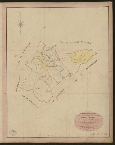 Bouchevilliers. Tableau d'assemblage du Plan Parcellaire de la Commune de Bouchevilliers. _ Canton de Gisors - Andelys - Eure. _ Terminé sur le terrain le 9 mai 1840, sous l'administration de M. de Monicault, Préfet - M. Baudry, Maire et sous la direction de M. Garnier, Directeur des Contributions directes. _ M. Le Fébure, Géomètre en Chef. _ Par M. Pizier, Géomètre de 1re classe