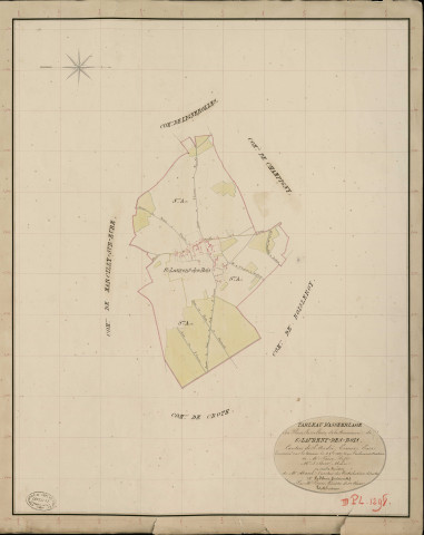 Saint-Laurent-des-Bois. Tableau d'assemblage _ du Plan Parcellaire de la Commune de St Laurent des Bois _ Canton de Saint André - Evreux - Eure. _ Terminé sur le Terrain le 4 Septembre 1837, sous l'administration de M. Passy, Préfet _ M. Delbert, Maire _ et sous la Direction de M. Marel, Directeur des Contributions directes _ M. Le Fébure, Géomètre en Chef. _ Par M. Pizier, Géomètre de 1re classe.