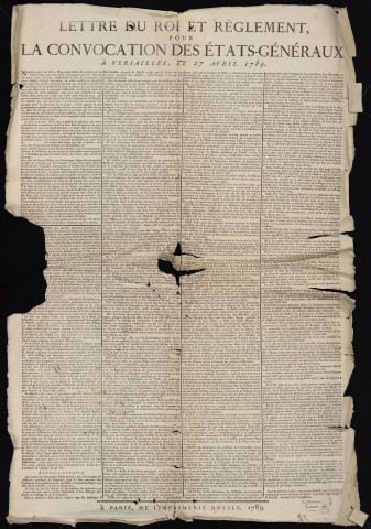 Affiche de la lettre du roi et du règlement pour la convocation des Etats-Généraux le 27 avril 1789.