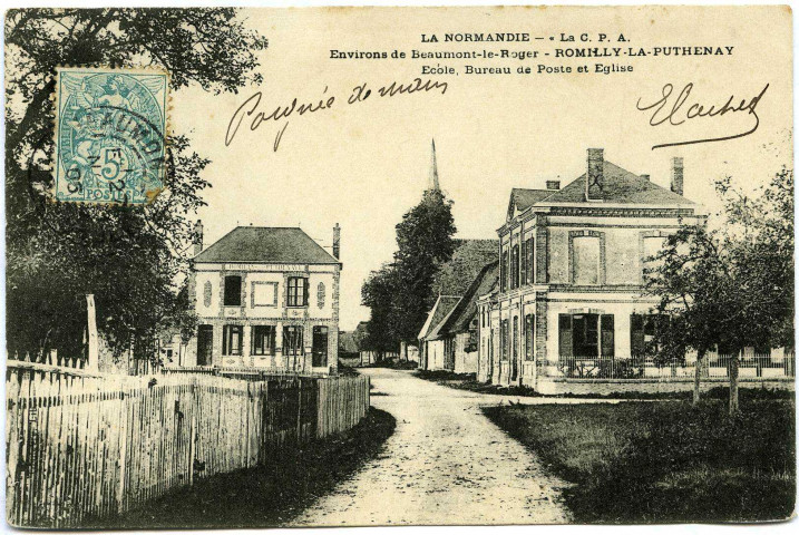 Romilly-la-Puthenaye. École - Bureau de Poste et Église.