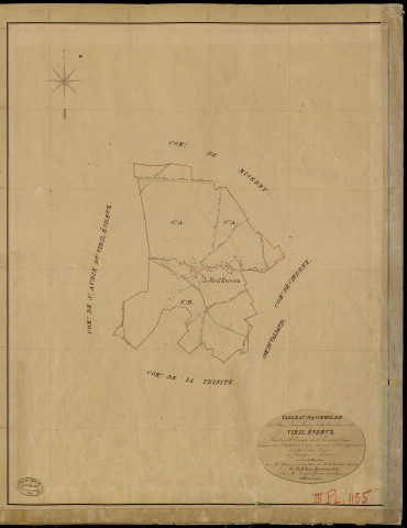 Vieil-Evreux (Le). Tableau d'assemblage _ du Plan Parcellaire de la Commune du Vieil Evreux _ Canton de Evreux Sud - Evreux - Eure. _ Terminé sur le Terrain le 3 Aout 1842, sous l'administration de M. Zédé, Préfet _ M. Fouguet, Maire _ sous la Direction de M. Garnier, Directeur des Contributions directes _ M. Le Fébure, Géomètre en Chef. _ Par M. Lenglet, Géomètre de 1re classe.