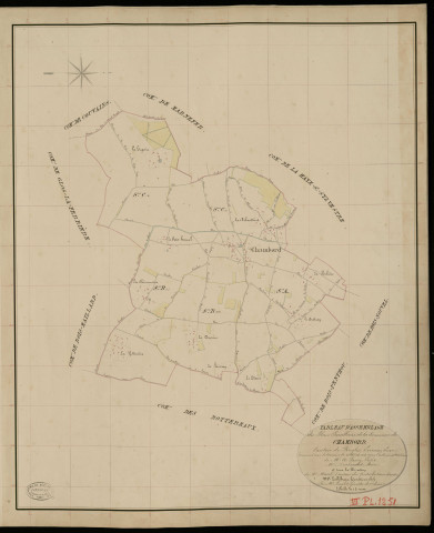 Chambord. Tableau d'assemblage _ du Plan Parcellaire de la Commune de Chambord _ Canton de Rugles - Evreux - Eure. _ Terminé sur le Terrain le 23 Aout 1834, sous l'administration de M. A Passy, Préfet _ M. Duchapelet, Maire _ et sous la Direction de M. Marel, Directeur des Contributions directes _ M. Lefébure, Géomètre en Chef. _ Par M. Lenglet, Géomètre de 1re classe.