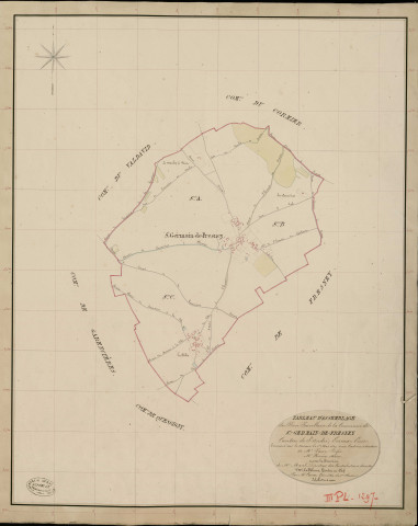 Saint-Germain-de-Fresney. Tableau d'assemblage _ du Plan Parcellaire de la Commune de St Germain de Fresne _ Canton de Saint André - Evreux - Eure. _ Terminé sur le Terrain le 1 Mai 1837, sous l'administration de M. Passy, Préfet _ M. Huvey, Maire _ et sous la Direction de M. Marel, Directeur des Contributions directes _ M. Le Fébure, Géomètre en Chef. _ Par M. Canu, Géomètre de 1re classe.